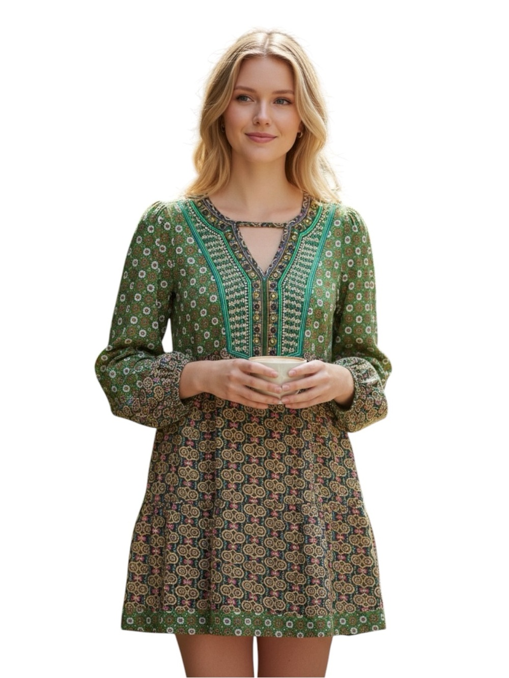 Farm Rio Multi-Colored V-Neck Embroidery Tapestry Emblished 3/4 Sleeve Dress XS